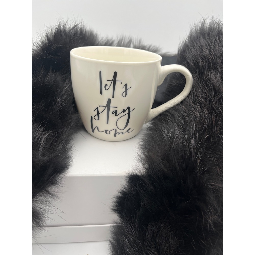 Lets Stay Home Coffee Mug Cream Ceramic Tea Cup Black Script Minimalist Cozy